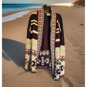 Pink Rose Women's L Geometric Aztec Cardigan Sweater Navy‎ Cream Red